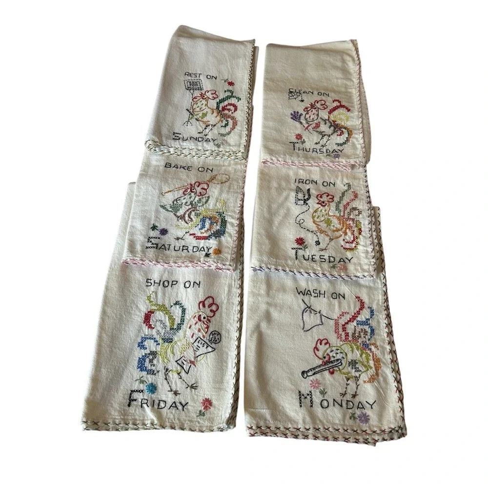 Vintage Day of The Week Homemade Cross Stitch Embroidered Kitchen Tea Towels